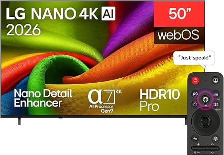 تلفزيون نانو ذكي NU84 بدقة 4K UHD مقاس 50 بوصة بتقنية الذكاء الاصطناعي مزود بجهاز تحكم سحري ونظام تشغيل ويب او اس 26 إصدار 2026 من ال جي